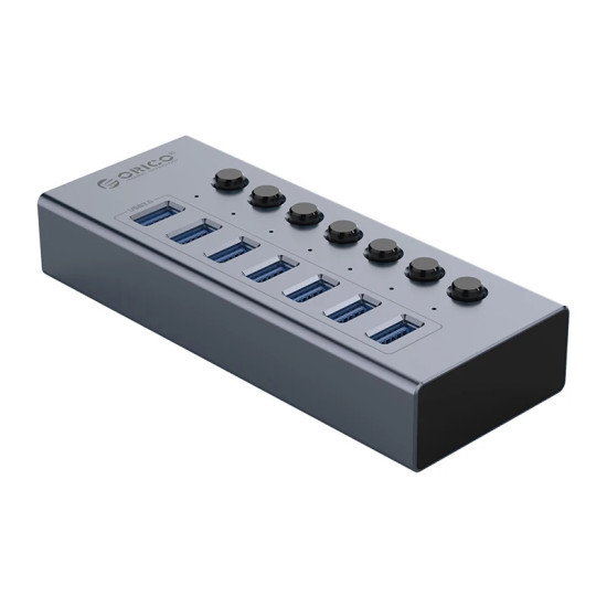 USB хъб Orico USB3.0 HUB 7 Port + Power Adapter, On/Off Buttons, Aluminium - BT2U3-7AB-EU-GY