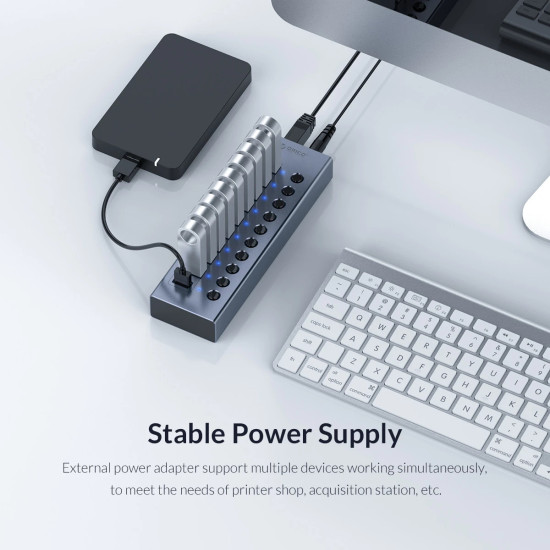 USB хъб Orico USB3.0 HUB 7 Port + Power Adapter, On/Off Buttons, Aluminium - BT2U3-7AB-EU-GY