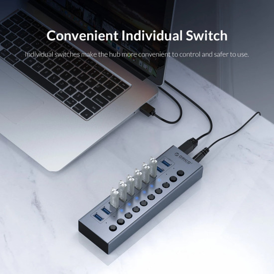 USB хъб Orico USB3.0 HUB 7 Port + Power Adapter, On/Off Buttons, Aluminium - BT2U3-7AB-EU-GY