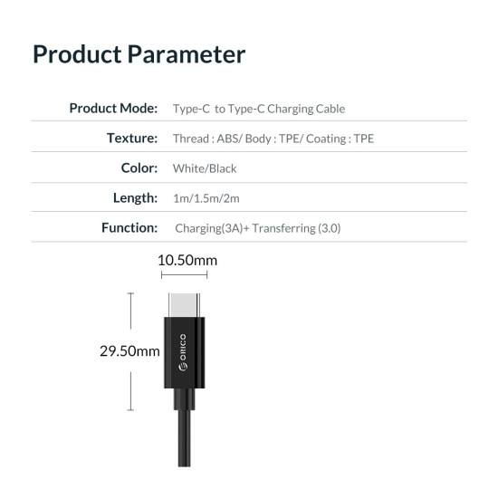 USB кабел Orico Type-C to Type-C - 3A, white, 1m - BCU-10