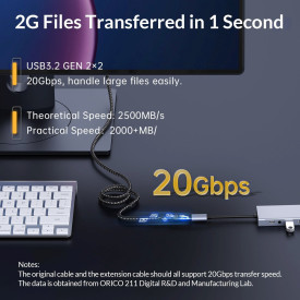 USB кабел Orico USB 3.2 Gen2x2 - Type-C Male to Female Extension PD100W 20Gbps 1.0m Black - CY32-10-BK