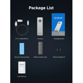 Външна кутия за диск Orico Storage - Case - M.2 NVMe M key - USB-C/A, 20Gbps, Built-in Air Cooling, Aluminium - OUM2-G20-SV