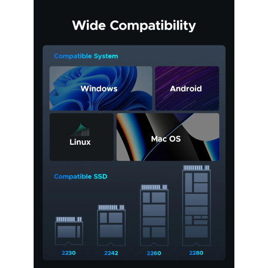 Външна кутия за диск Orico Storage - Case - M.2 NVMe M key - USB-C/A, 20Gbps, Built-in Air Cooling, Aluminium - OUM2-G20-SV