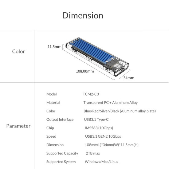 Външна кутия за диск Orico Storage - Case - M.2 NVMe M key - USB3.1 Type-C - TCM2-C3-BK