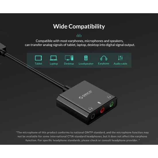 Външна звукова карта Orico USB Sound card - Headphones, Mic, 4 PIN headset, Black - SKT3-BK