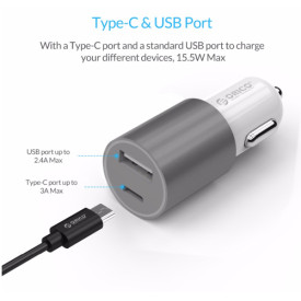 Зарядно Orico Charger Car 12V-24V - TYPE C + USB silver - UCF-2U