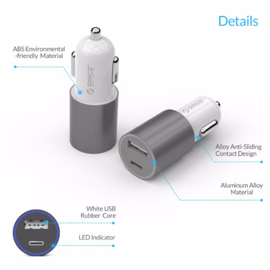 Зарядно Orico Charger Car 12V-24V - TYPE C + USB silver - UCF-2U