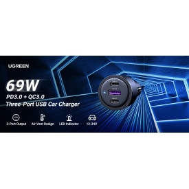 Зарядно Ugreen Fast Charger Car - 2 x Type-C, 1 x USB-A QC3.0, Power Distribution 69W CD239 - 20467