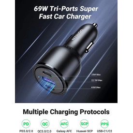 Зарядно Ugreen Fast Charger Car - 2 x Type-C, 1 x USB-A QC3.0, Power Distribution 69W CD239 - 20467