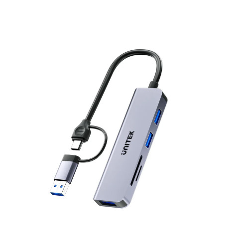 USB хъб Unitek HUB USB-C/USB-A, 3 порта, uHUB P5+, USB3.0 x 3, Card reader, алуминиев, H1320AGY01