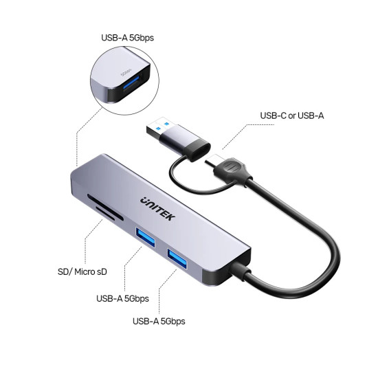 USB хъб Unitek HUB USB-C/USB-A, 3 порта, uHUB P5+, USB3.0 x 3, Card reader, алуминиев, H1320AGY01