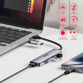 USB хъб Unitek HUB USB-C/USB-A, 3 порта, uHUB P5+, USB3.0 x 3, Card reader, алуминиев, H1320AGY01