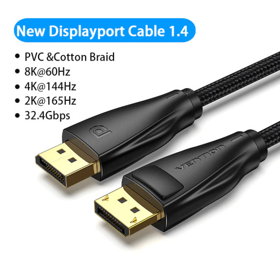 Display Port кабел Vention v1.4 DP M / M 8K 2m - Cotton Braided, Black - HCCBH