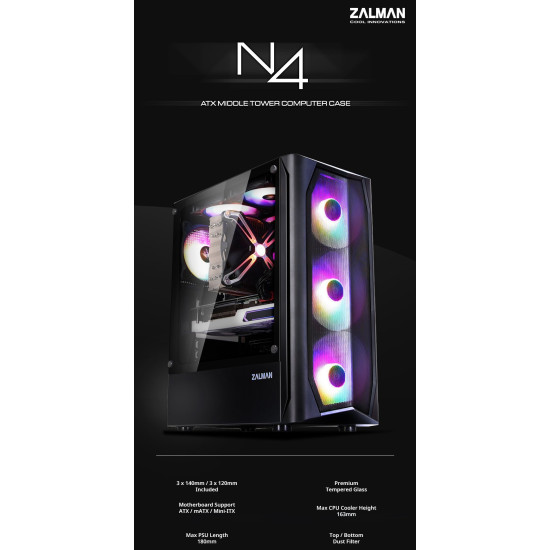 Кутия за компютър Zalman Case ATX - N4 - RGB, Tempered Glass