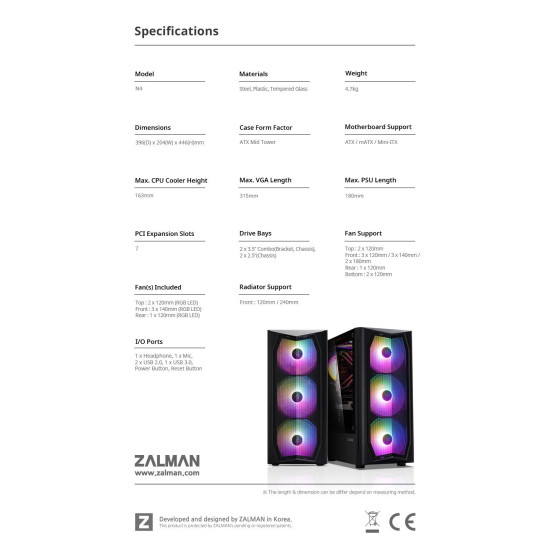 Кутия за компютър Zalman Case ATX - N4 - RGB, Tempered Glass
