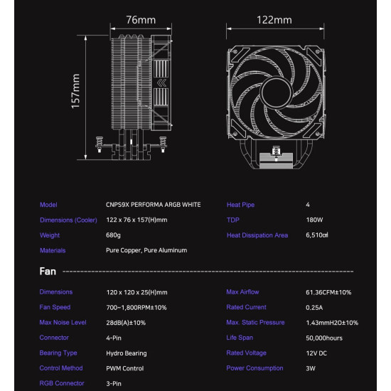 Охладител за процесор Zalman CPU Cooler CNPS9X PERFORMA ARGB WHITE - aRGB - LGA1700/AM5