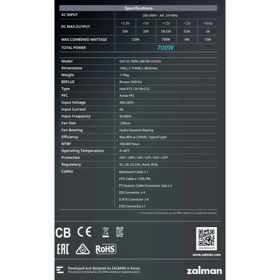 Захранване Zalman PSU 700W Bronze - ZM700-GV2 SE