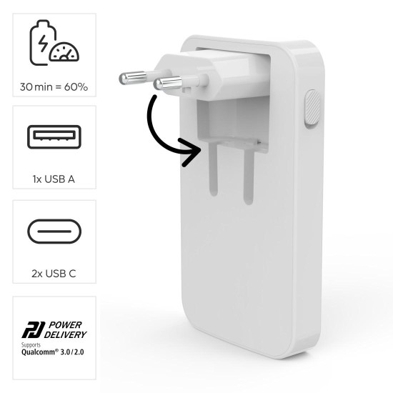 Зарядно HAMA 201976, 65W, 2x USB-C, 1x USB-A, PD, плоско, бяло
