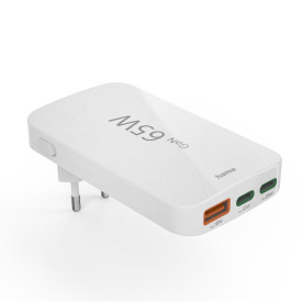 Зарядно HAMA 201976, 65W, 2x USB-C, 1x USB-A, PD, плоско, бяло