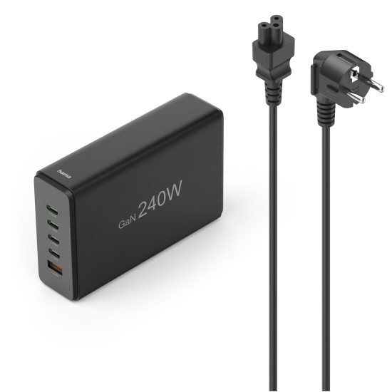 Зарядна станция HAMA 201977, 240W GaN, Fast Charger, 4x USB-C, 1x USB-A, PD