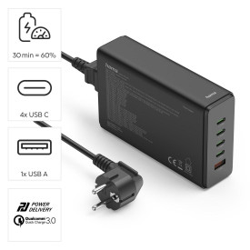 Зарядна станция HAMA 201977, 240W GaN, Fast Charger, 4x USB-C, 1x USB-A, PD