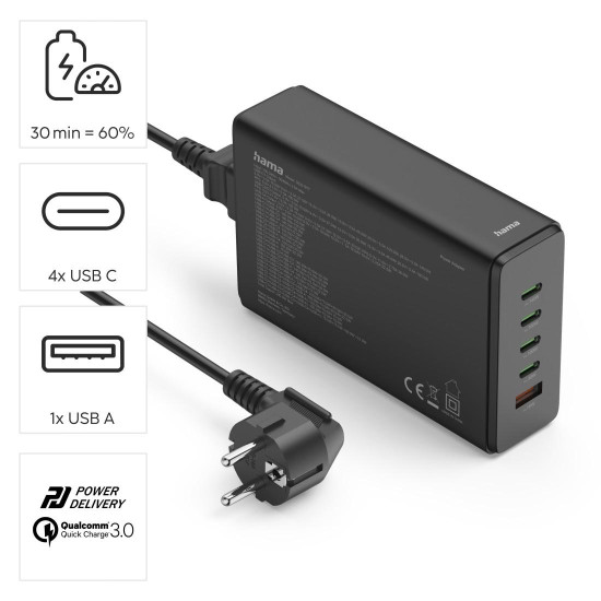 Зарядна станция HAMA 201977, 240W GaN, Fast Charger, 4x USB-C, 1x USB-A, PD