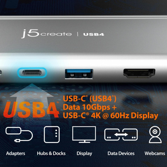 Докинг станция j5create JCD401, USB-C PD, 1x USB-C, 1x USB-A, HDMI 4K@60Hz, DisplayPort