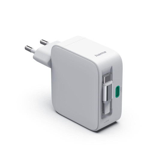 Зарядно HAMA 201957, 65W, GaN, 2x USB-C, с разтегателен кабел 0.7м, бял