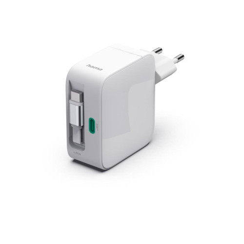Зарядно HAMA 201957, 65W, GaN, 2x USB-C, с разтегателен кабел 0.7м, бял
