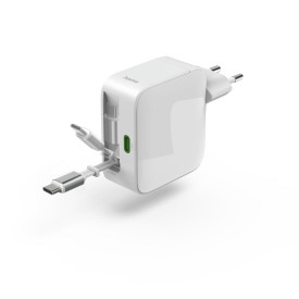 Зарядно HAMA 201957, 65W, GaN, 2x USB-C, с разтегателен кабел 0.7м, бял