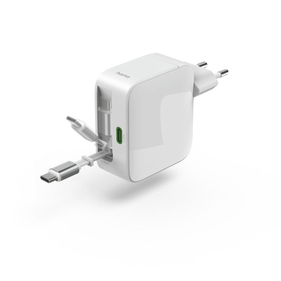 Зарядно HAMA 201957, 65W, GaN, 2x USB-C, с разтегателен кабел 0.7м, бял