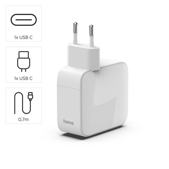 Зарядно HAMA 201957, 65W, GaN, 2x USB-C, с разтегателен кабел 0.7м, бял