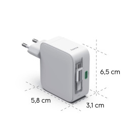 Зарядно HAMA 201957, 65W, GaN, 2x USB-C, с разтегателен кабел 0.7м, бял