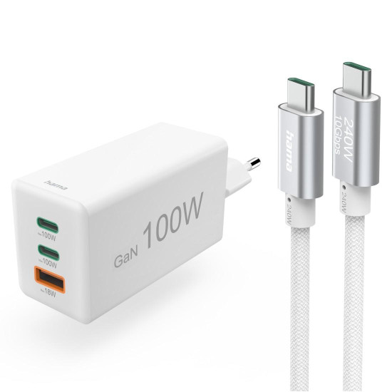 Зарядно HAMA 200027, 100W GaN, 2x USB-C PD, 1x USB-A QC