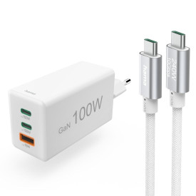 Зарядно HAMA 200027, 100W GaN, 2x USB-C PD, 1x USB-A QC