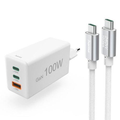 Зарядно HAMA 200027, 100W GaN, 2x USB-C PD, 1x USB-A QC