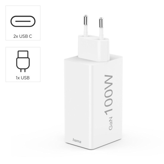 Зарядно HAMA 200027, 100W GaN, 2x USB-C PD, 1x USB-A QC