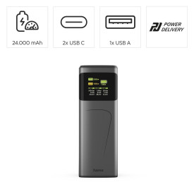 Външна батерия HAMA High Power, 200 W, 24000 mAh, 2x USB-C, USB-A, бързо зареждане