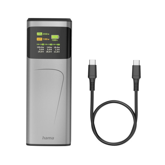 Външна батерия HAMA High Power, 200 W, 24000 mAh, 2x USB-C, USB-A, бързо зареждане