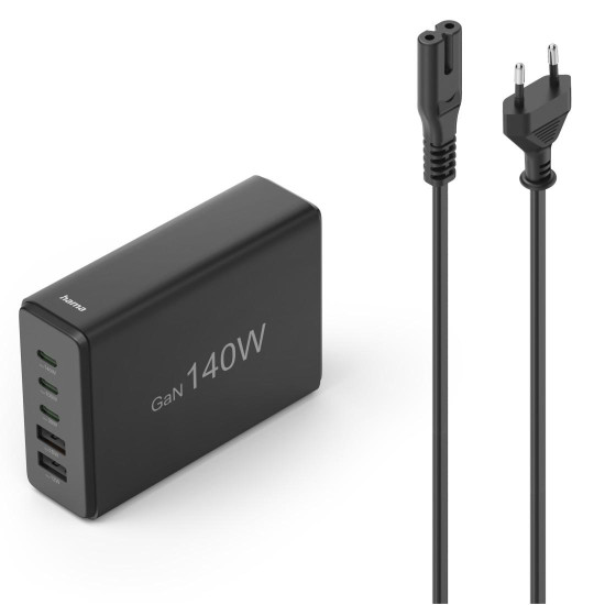 Зарядна станция HAMA 201978, 140W GaN, Fast Charger, 3x USB-C, 2x USB-A, PD