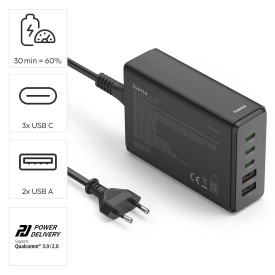 Зарядна станция HAMA 201978, 140W GaN, Fast Charger, 3x USB-C, 2x USB-A, PD