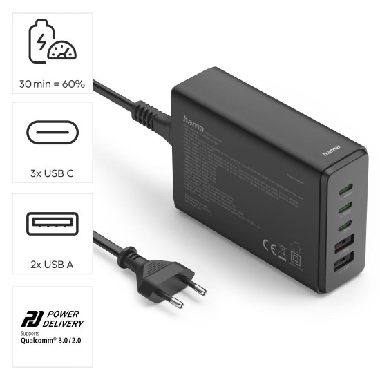 Зарядна станция HAMA 201978, 140W GaN, Fast Charger, 3x USB-C, 2x USB-A, PD