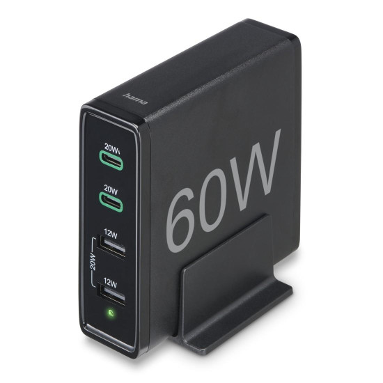 Зарядна станция HAMA 201628, 4 порта, 60W, 2 x USB-C, 2 x USB-A, PD, Fast Charge