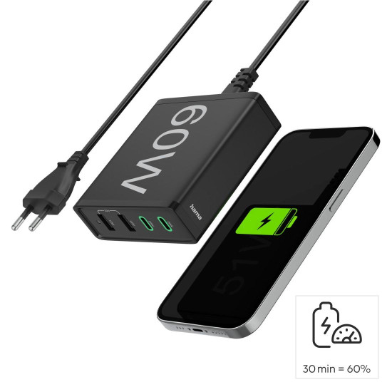 Зарядна станция HAMA 201628, 4 порта, 60W, 2 x USB-C, 2 x USB-A, PD, Fast Charge