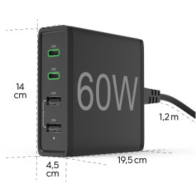 Зарядна станция HAMA 201628, 4 порта, 60W, 2 x USB-C, 2 x USB-A, PD, Fast Charge