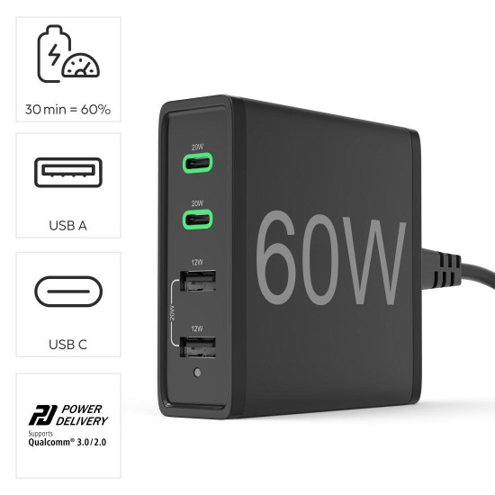 Зарядна станция HAMA 201628, 4 порта, 60W, 2 x USB-C, 2 x USB-A, PD, Fast Charge