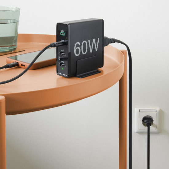 Зарядна станция HAMA 201628, 4 порта, 60W, 2 x USB-C, 2 x USB-A, PD, Fast Charge