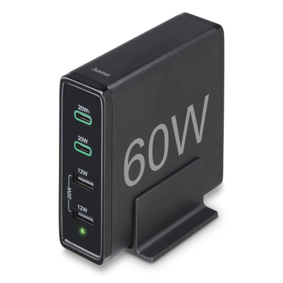 Зарядна станция HAMA 201628, 4 порта, 60W, 2 x USB-C, 2 x USB-A, PD, Fast Charge