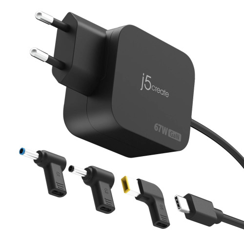 Универсално зарядно j5create 67W GaN PD USB-C Mini Charger, 4.5 mm, 3 вида DC конвертора