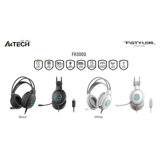 Слушалки A4Tech Fstyler FH300U Neon Illuminate USB Stereo Headset, White
